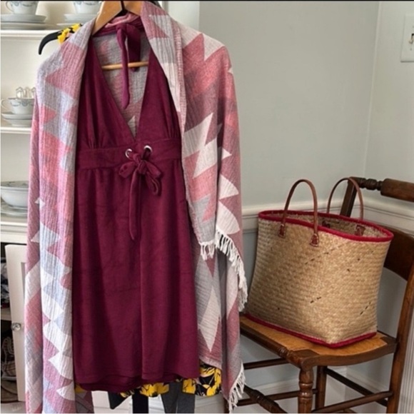 Resort Wear 3 PC Set Burgundy Halter Terry Dress Organic Burgundy Gray Wrap NEW - Picture 1 of 16